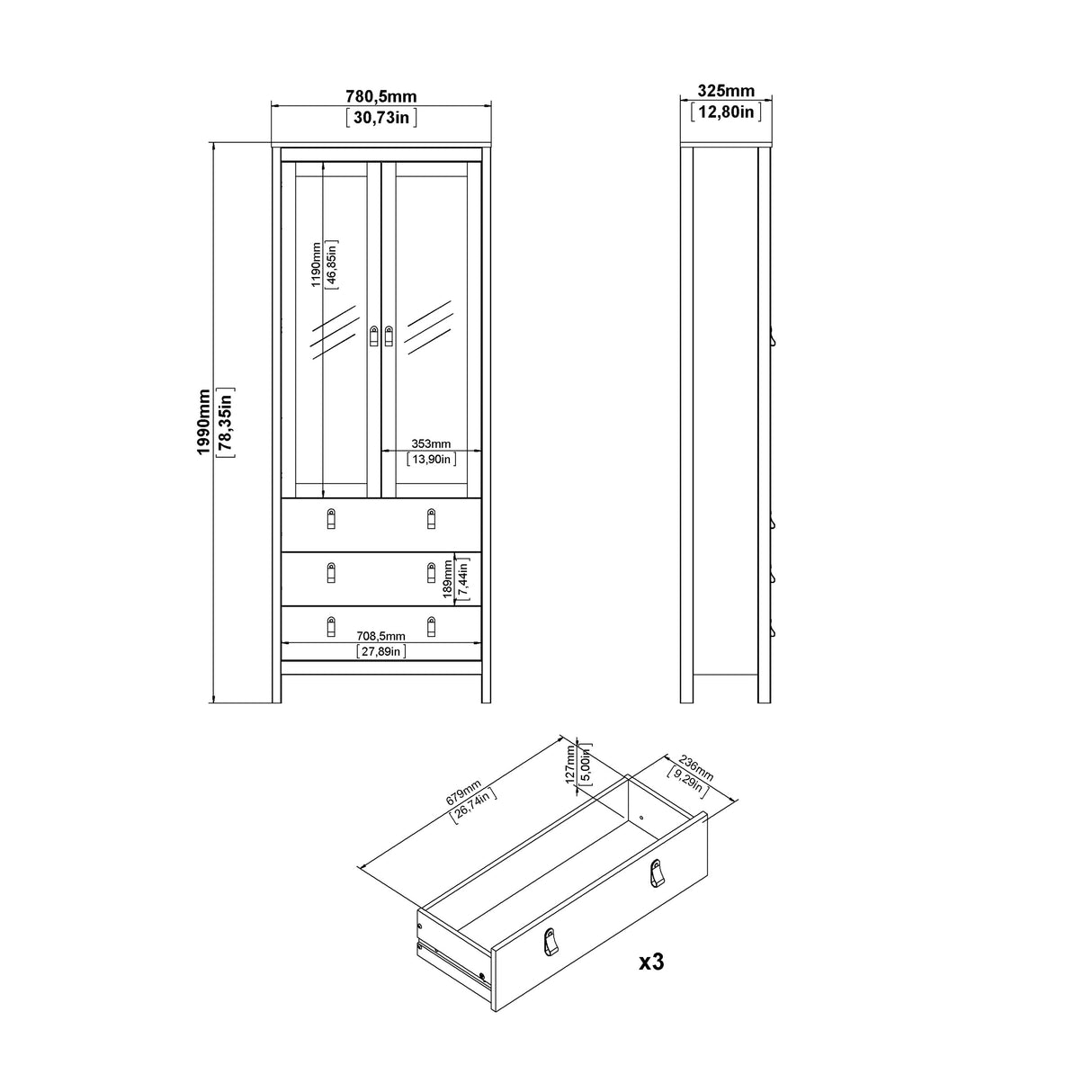 Barcelona China Cabinet 2 Glass Doors with 3 Drawers in Cashmere