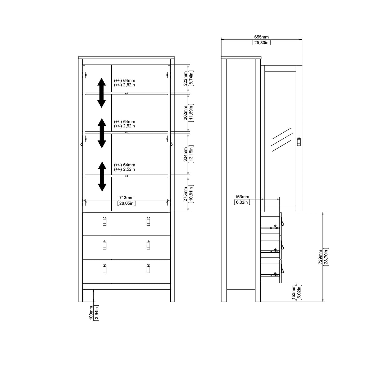 Barcelona China Cabinet 2 Glass Doors with 3 Drawers in Cashmere