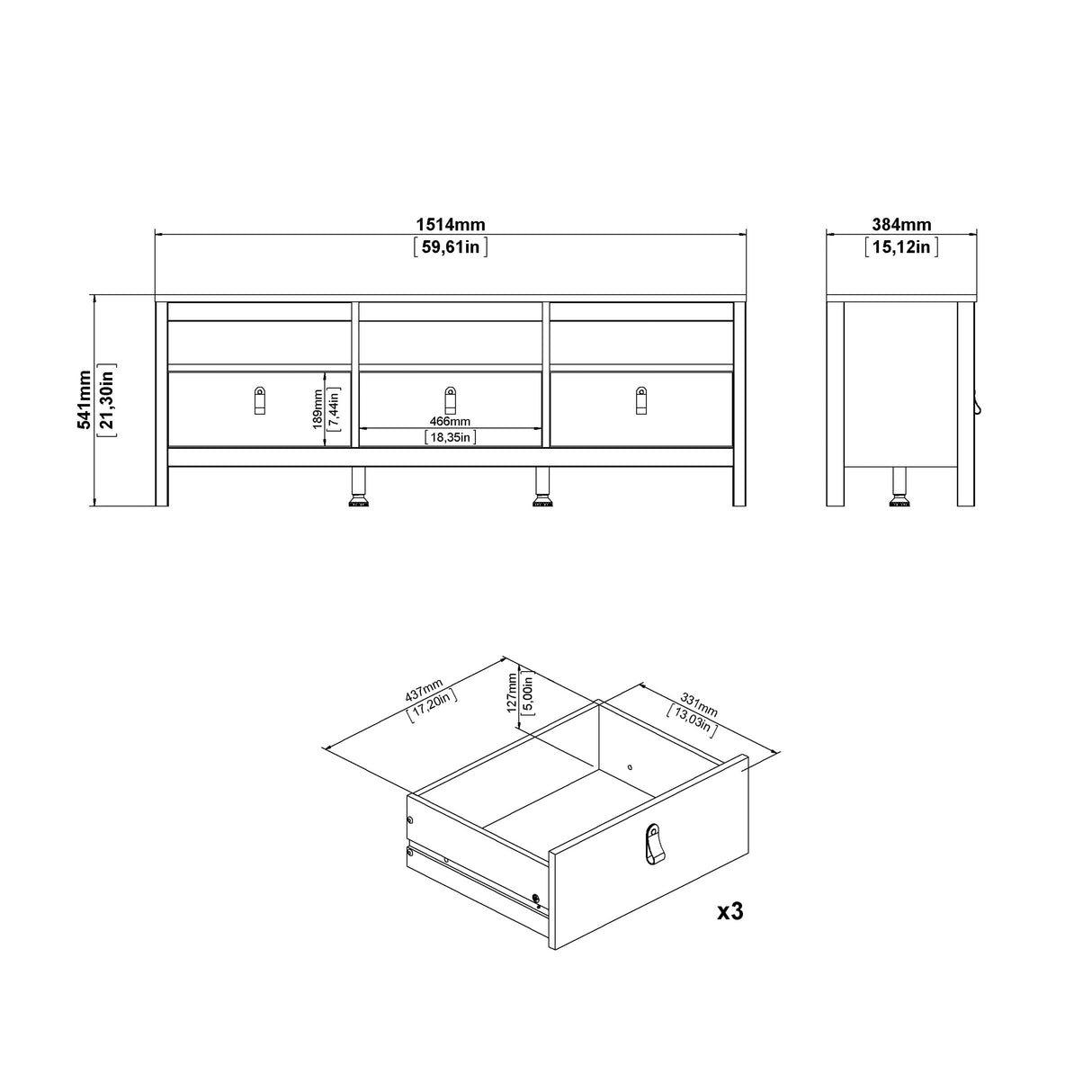 Barcelona TV Unit 3 Drawers in Cashmere