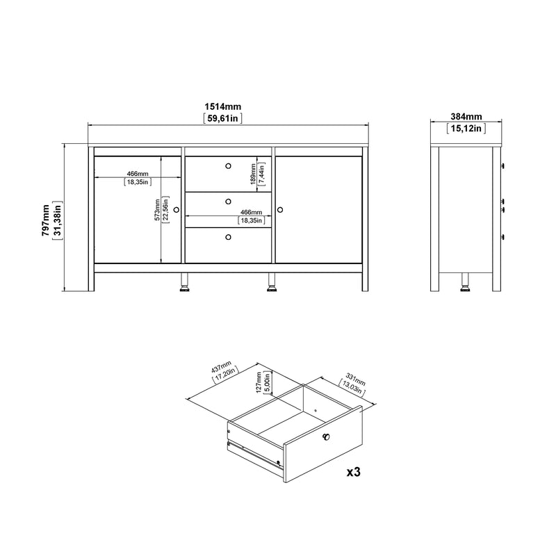 Barcelona Sideboard 2 Doors + 3 Drawers in Matt Black