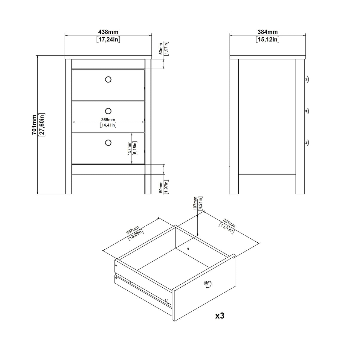 Barcelona Bedside Table 3 Drawers in Cashmere