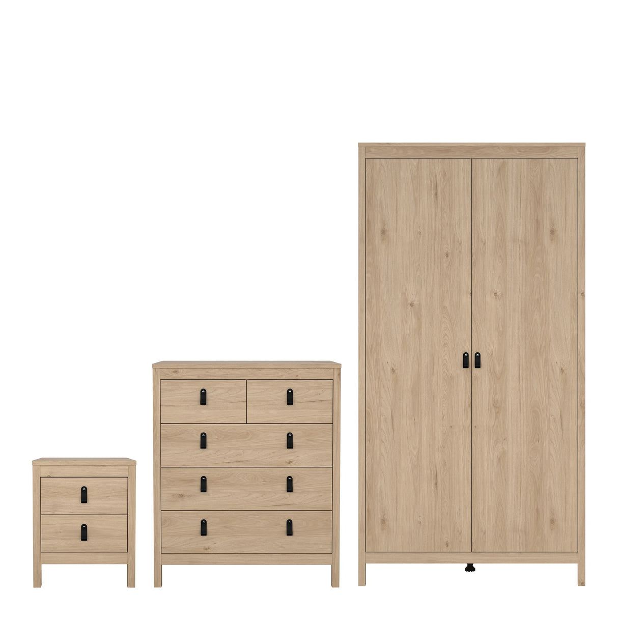 Barcelona Bedroom Package 2 Drawer Bedside 5 Drawer Chest 2 Door Wardrobe in Jackson Hickory Oak