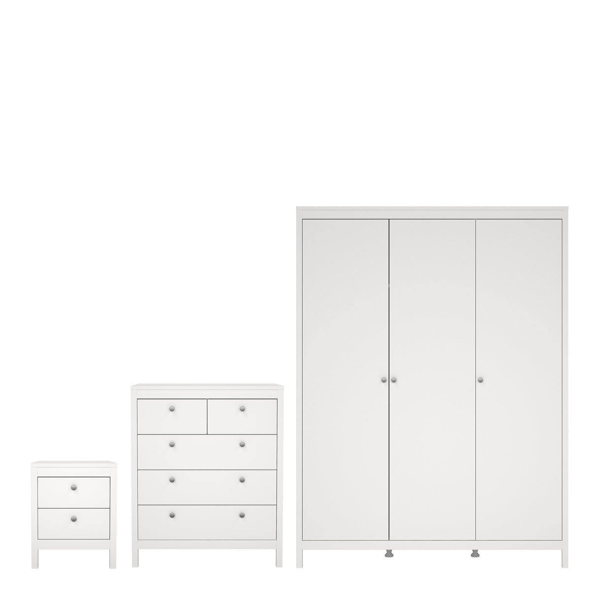 Madrid Package - Bedside Table 2 drawers + Chest 3+2 drawer + Wardrobe with 3 doors in White