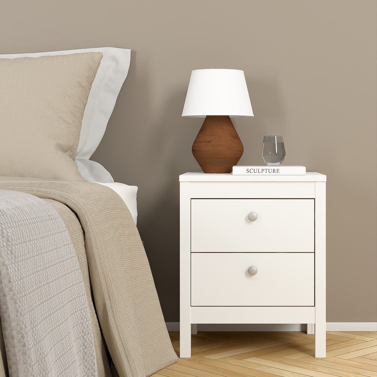 Madrid Package - Bedside Table 2 drawers + Chest 3+2 drawer + Wardrobe with 3 doors in White