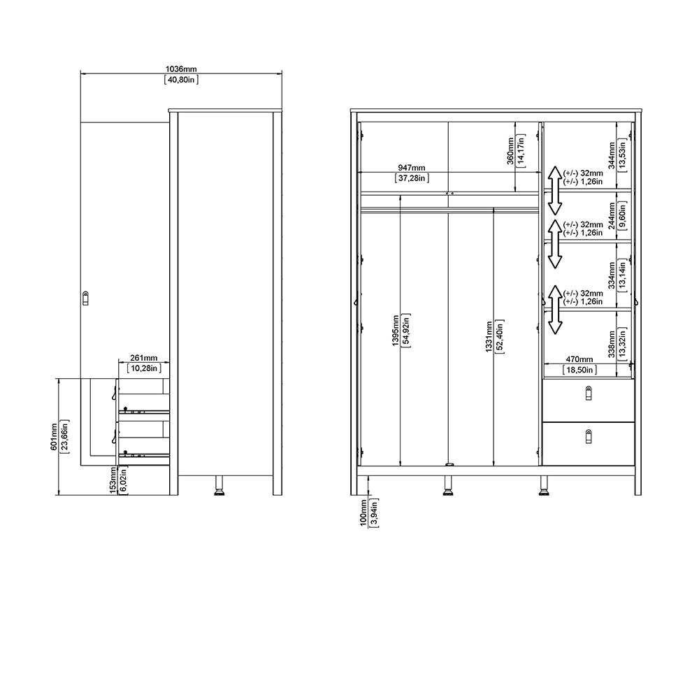 Madrid Wardrobe with 2 Doors 1 Mirror Door 2 Drawers White