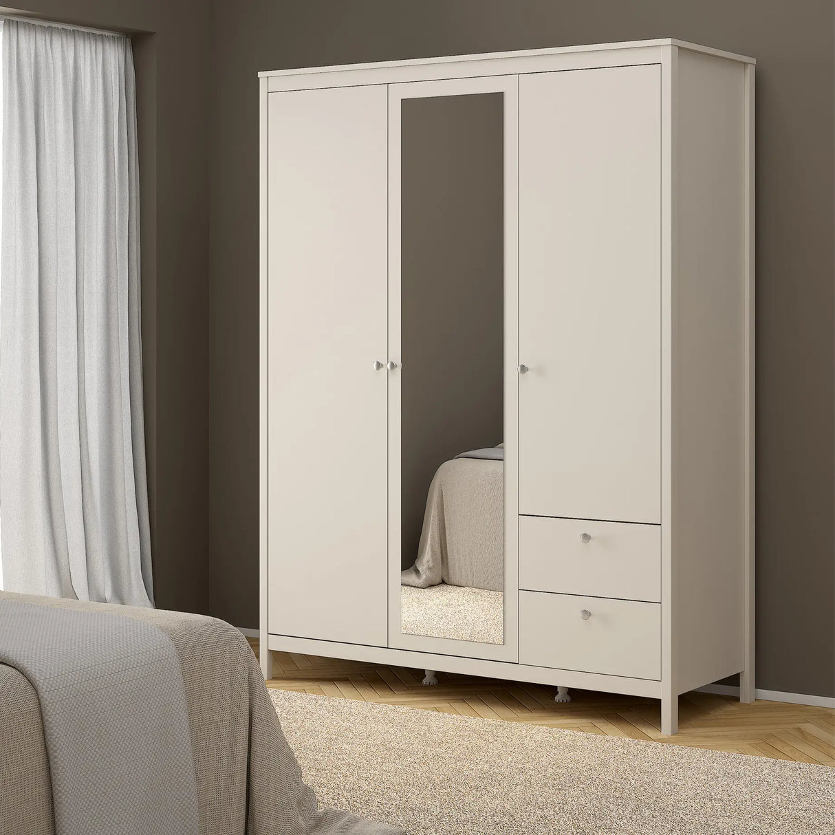 Madrid Wardrobe with 2 Doors + 1 Mirror Door + 2 Drawers in Cashmere