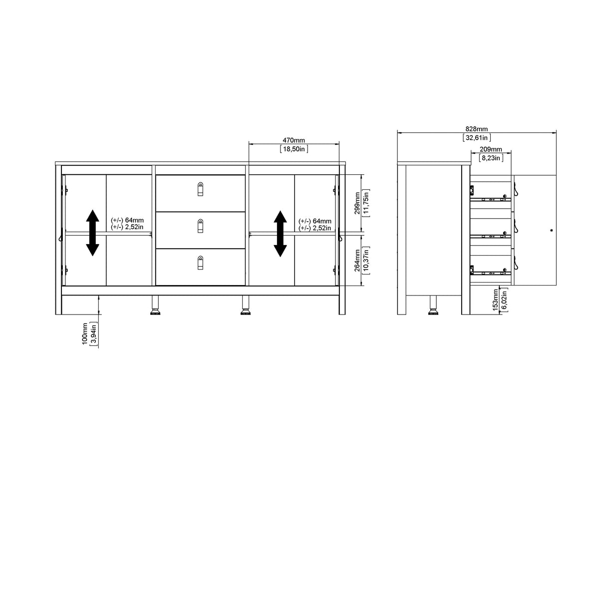 Madrid Sideboard 2 Doors + 3 Drawers in Cashmere