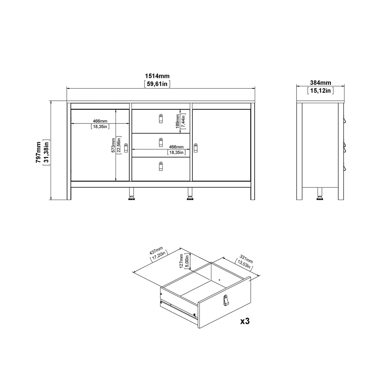 Madrid Sideboard 2 Doors + 3 Drawers in Cashmere