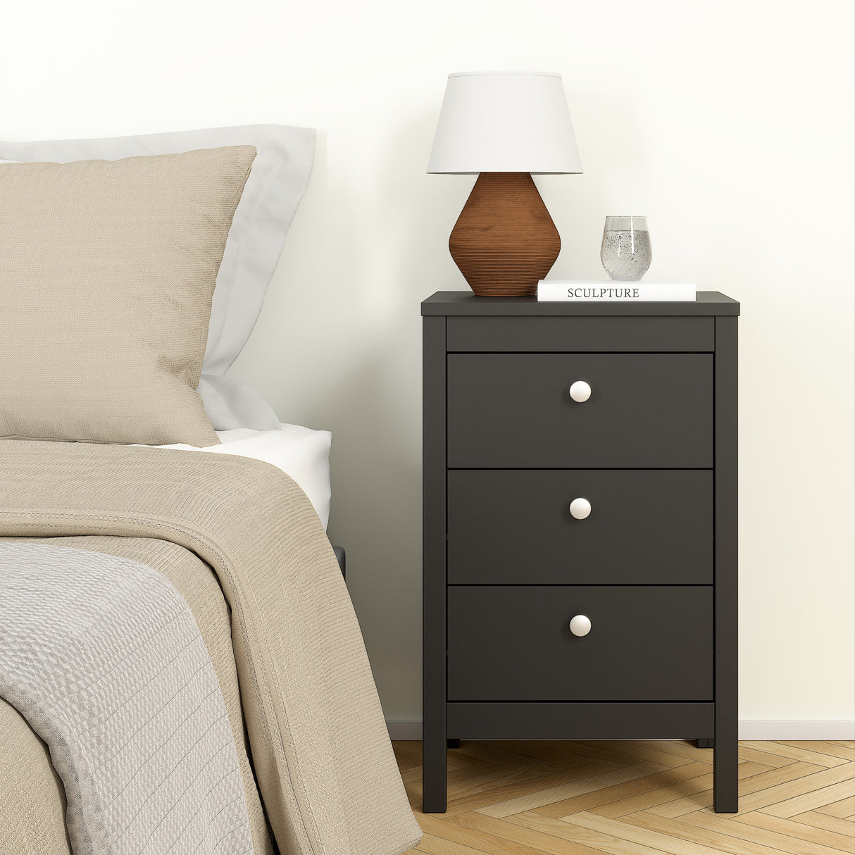 Madrid Bedside Table 3 drawers in Matt Black