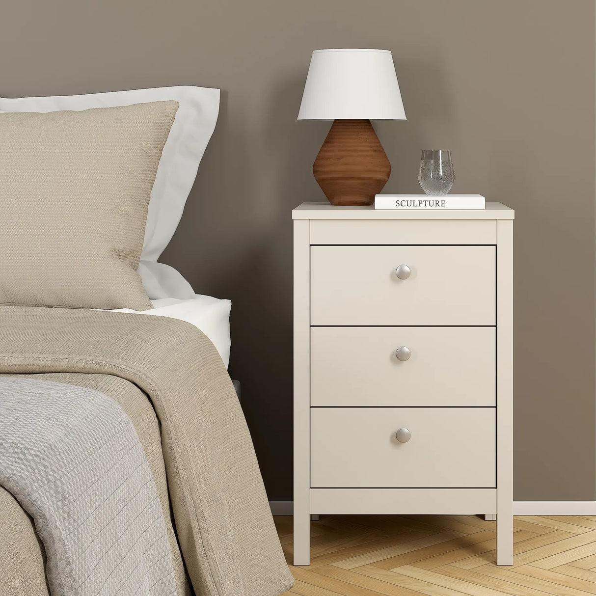 Madrid Bedside Table 3 Drawers in Cashmere