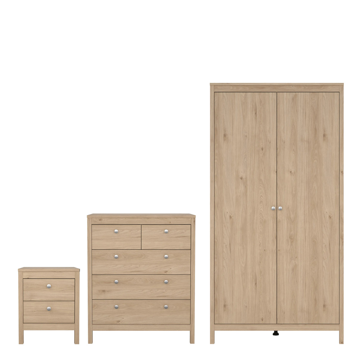 Madrid Bedroom Package 2 Drawer Bedside 5 Drawer Chest 2 Door Wardrobe in Jackson Hickory Oak