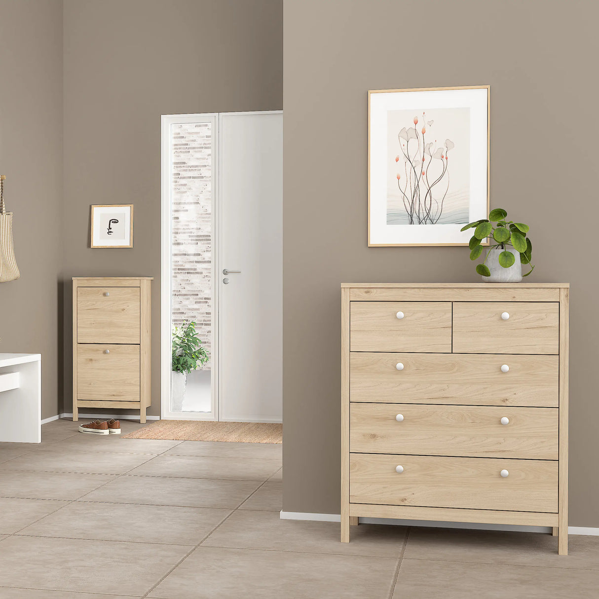 Madrid Bedroom Package 2 Drawer Bedside 5 Drawer Chest 2 Door Wardrobe in Jackson Hickory Oak
