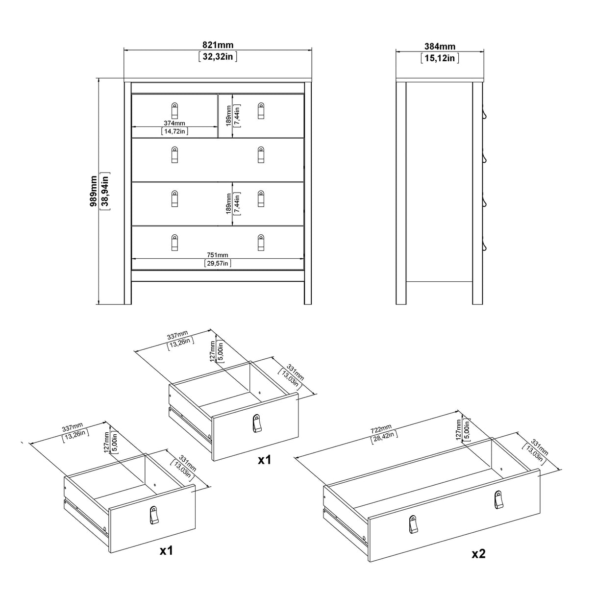 Madrid Bedroom Package 2 Drawer Bedside 5 Drawer Chest 2 Door Wardrobe in Jackson Hickory Oak