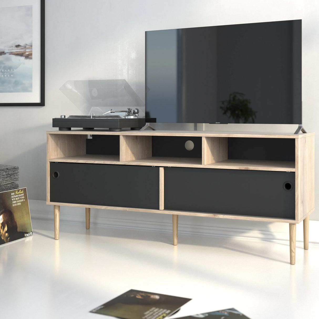 Rome TV Unit 2 Sliding Doors Oak and Matt Black