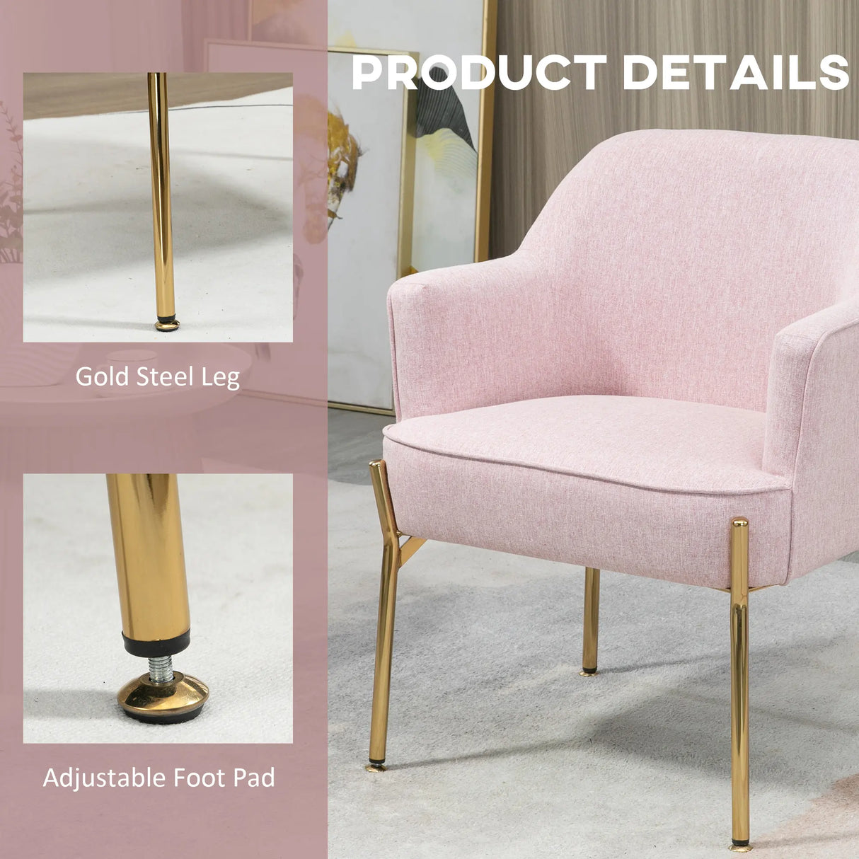 HOMCOM Accent Chair, Living Room Armchair, Vanity Chair with Gold Plating Metal Legs and Soft Padded Seat for Bedroom and Caf, Set of 2, Pink