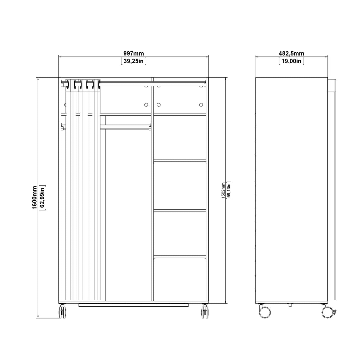 Uppsala Open Mobile Wardrobe Unit in White with a Beige Textile Curtain on Wheels