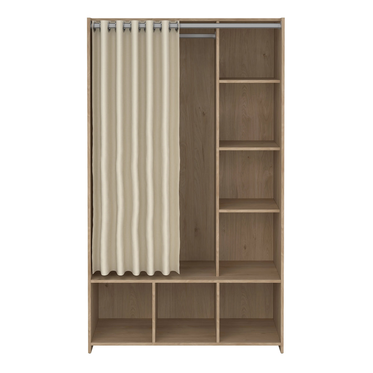 Uppsala Open Wardrobe Unit in Jackson Hickory Oak with a Beige Textile Curtain