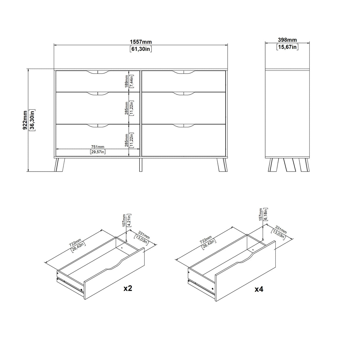 Ikast Double Dresser 6 Drawers in Jackson Hickory and White