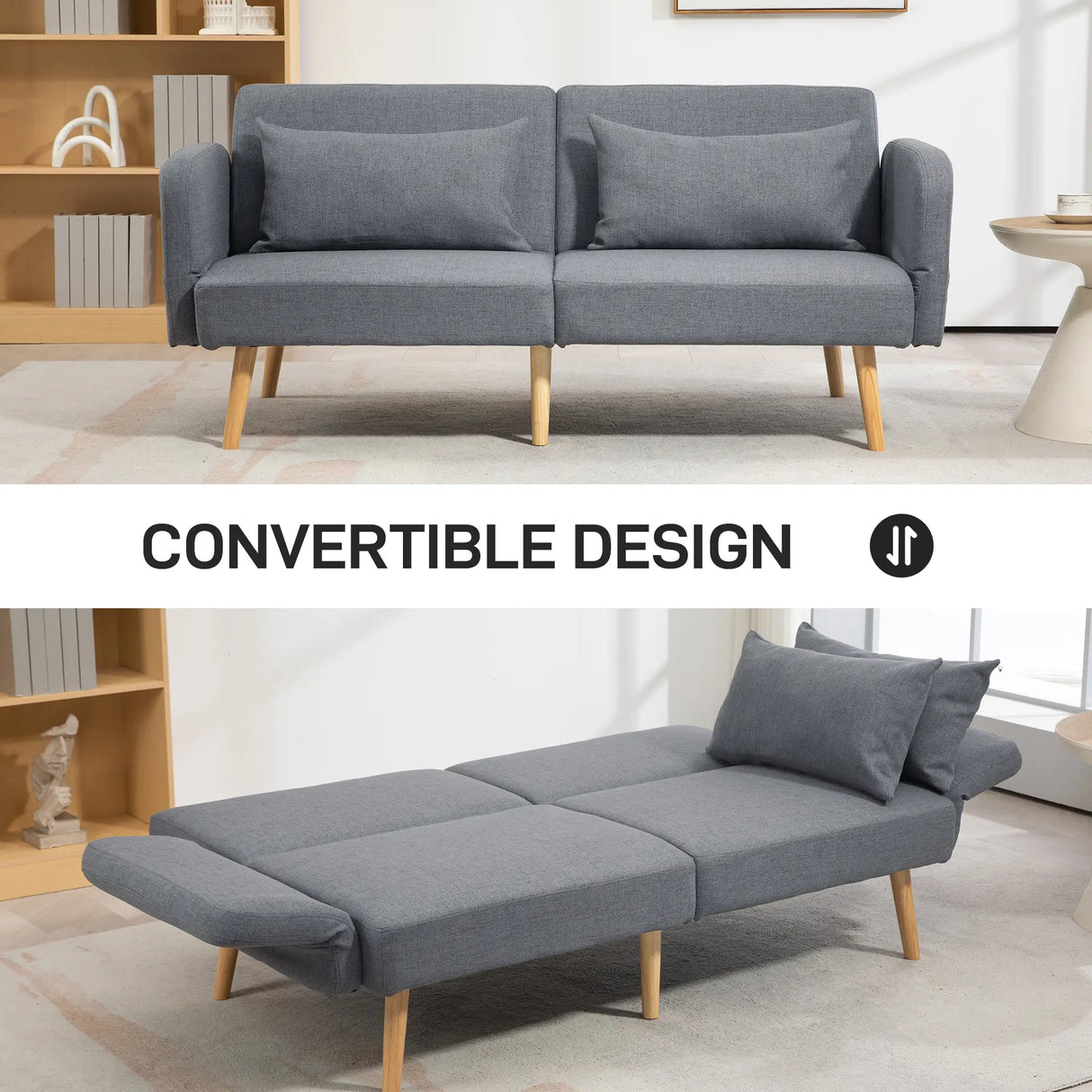 HOMCOM Two-Seater Click-Clack Sofa Bed, with Pillows - Grey