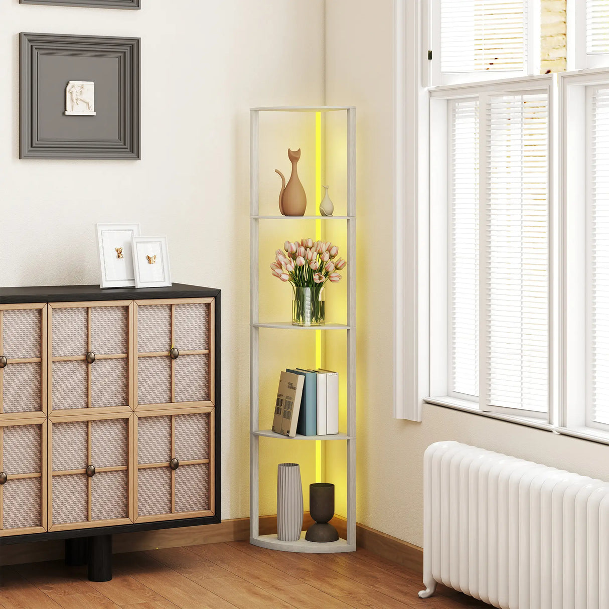 HOMCOM RGB LED Floor Lamp with Shelves, 5-Tier Dimmable Standing Lamp with Adjustable Brightness and Remote Control, Modern Corner Display Shelf Unit for Living Room Bedroom Office, Oak