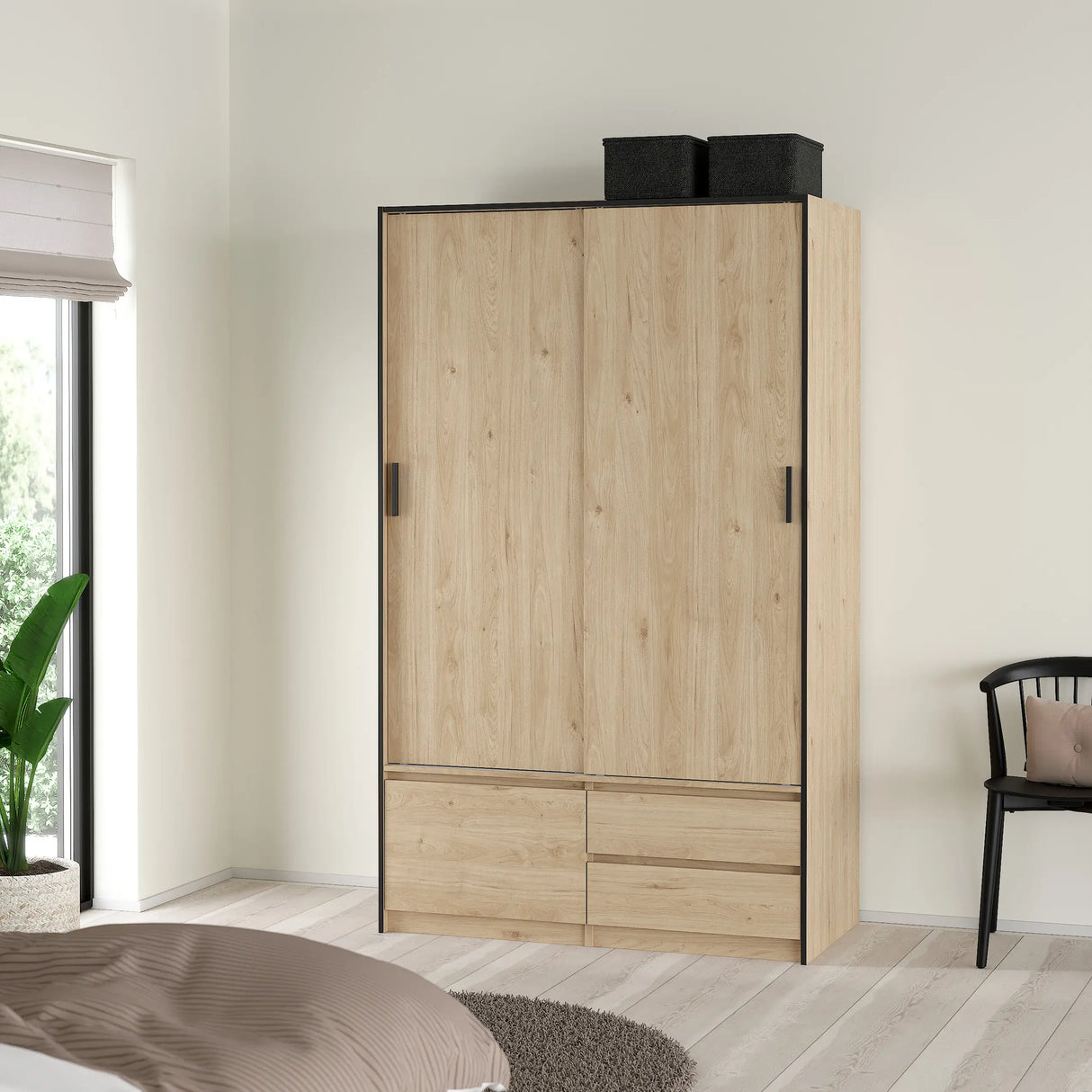 Line Wardrobe with 2 Sliding Doors 1 Small Door and 2 Drawers in Jackson Hickory Oak
