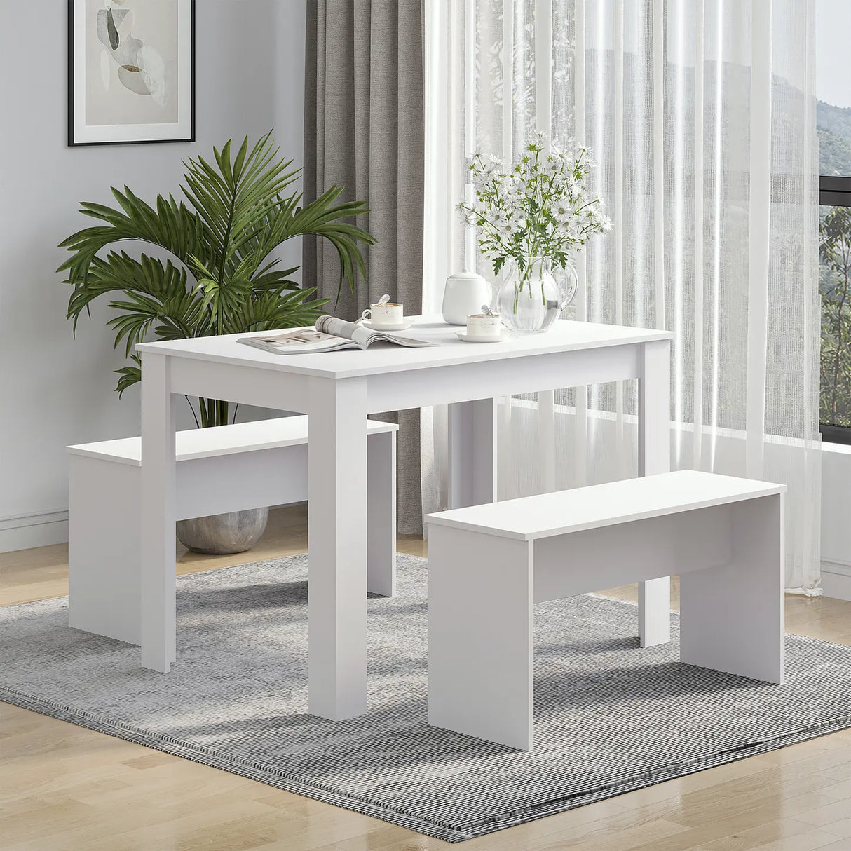 HOMCOM Kitchen Dining Table and 2 Benches Set, Table and Chairs Set for Limited Space, White