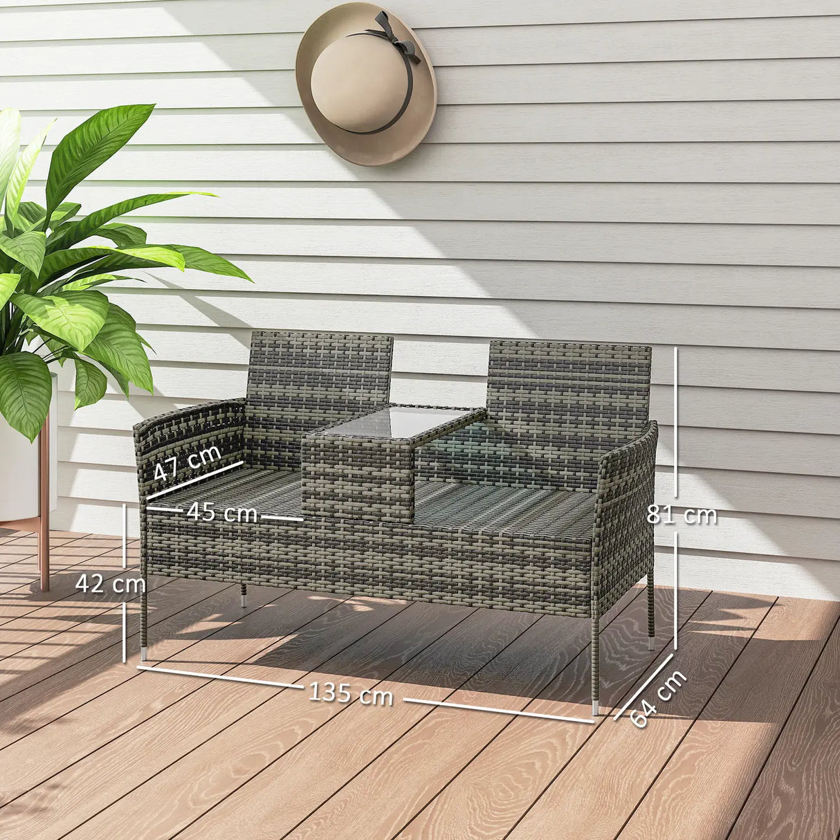 Outsunny Two-Seat Rattan Chair, with Middle Table - Charcoal Grey