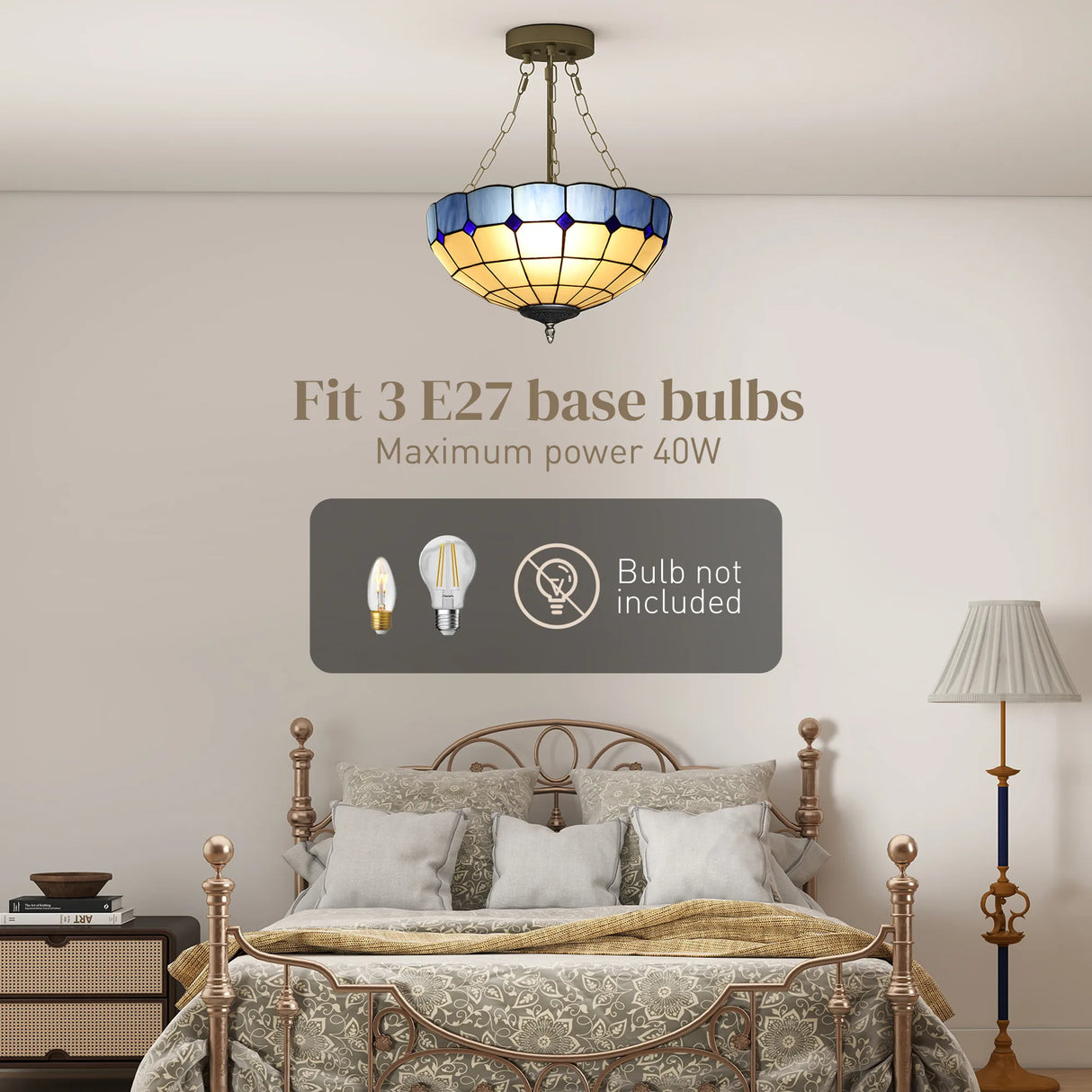 HOMCOM Tiffany Style Ceiling Light, Vintage Chandelier with 3 E27 Sockets, Semi Flush Mount for Living Room, Bulbs Not Included