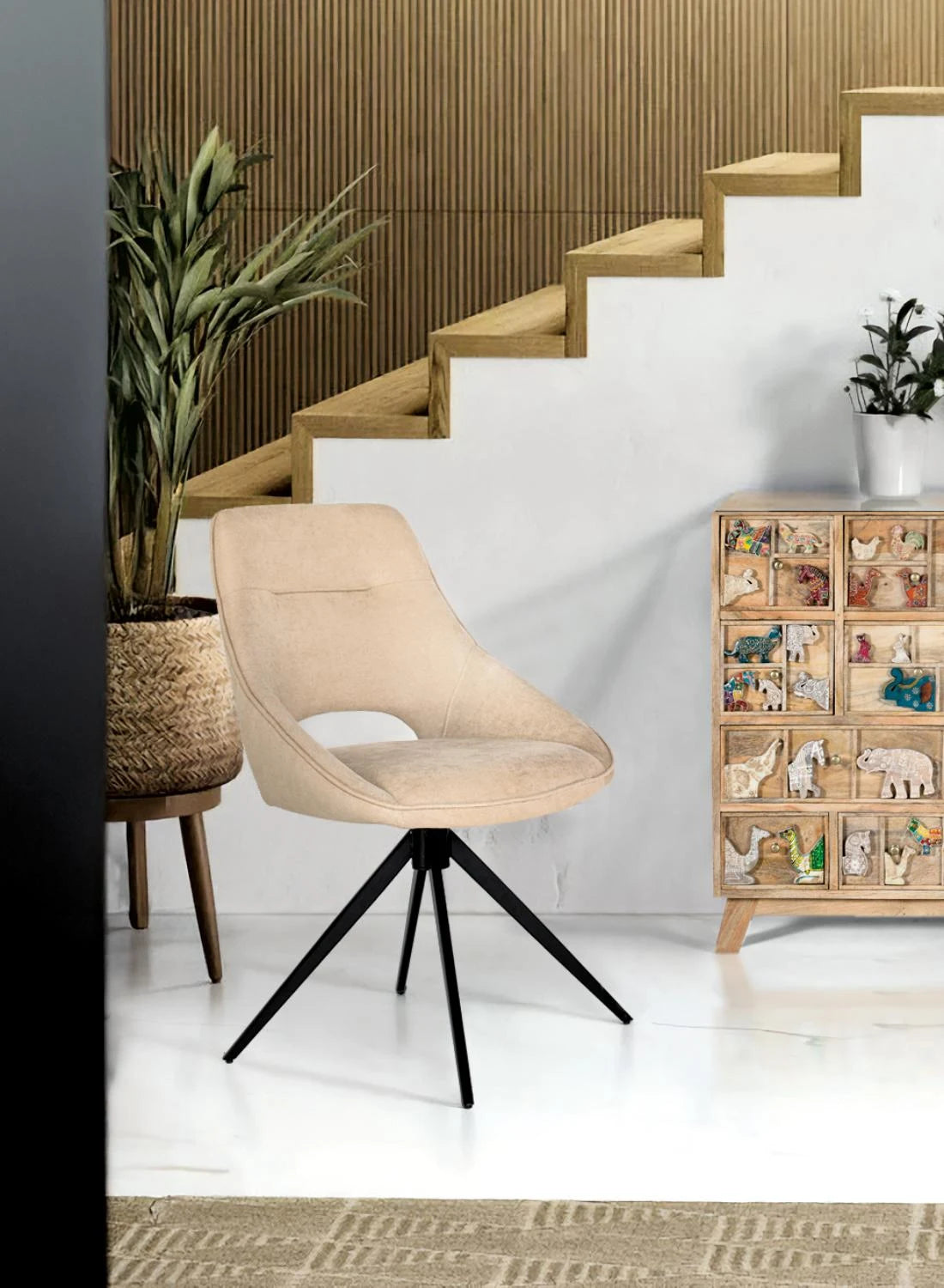 Giner and Colomer - Set Of 2 Swivel Chairs (Beige Fabric, Black Steel Legs)