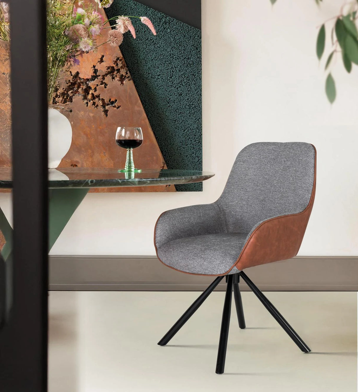 Giner and Colomer - Set Of 2 Swivel Chairs (Grey Fabric Front, Brown PU Back) With Tubular Legs