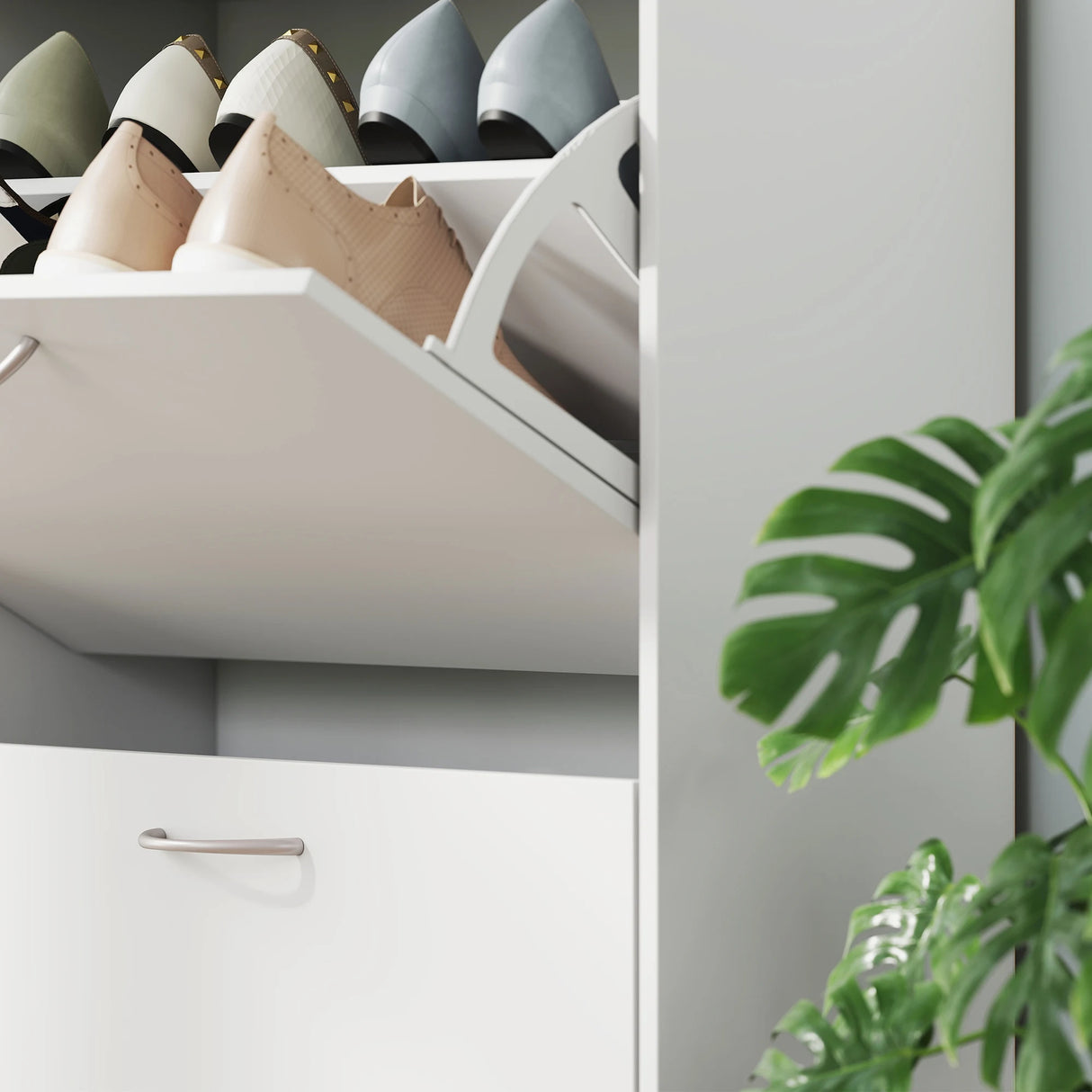 HOMCOM Wooden Modern Design 4 Drawer Shoes Cabinet Pull Down Shelf Storage Organiser - White