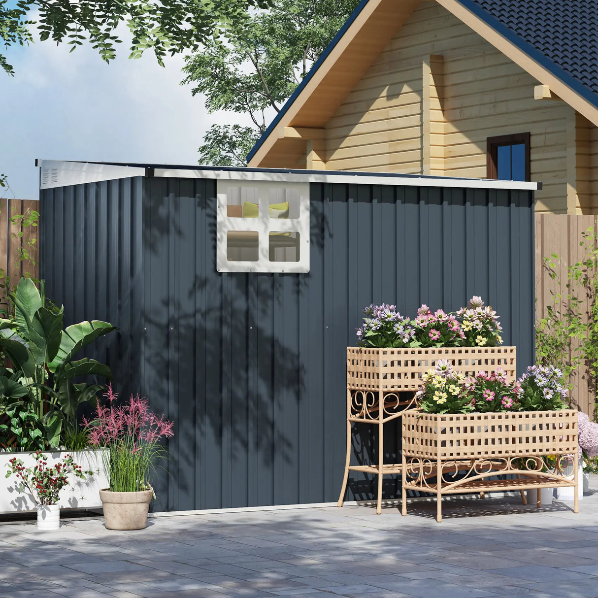 Outsunny 7.6 x 4ft Garden Metal Shed, Outdoor Storage Shed with Window, 2 Vents and Lockable Door for Garden, Patio, Dark Grey