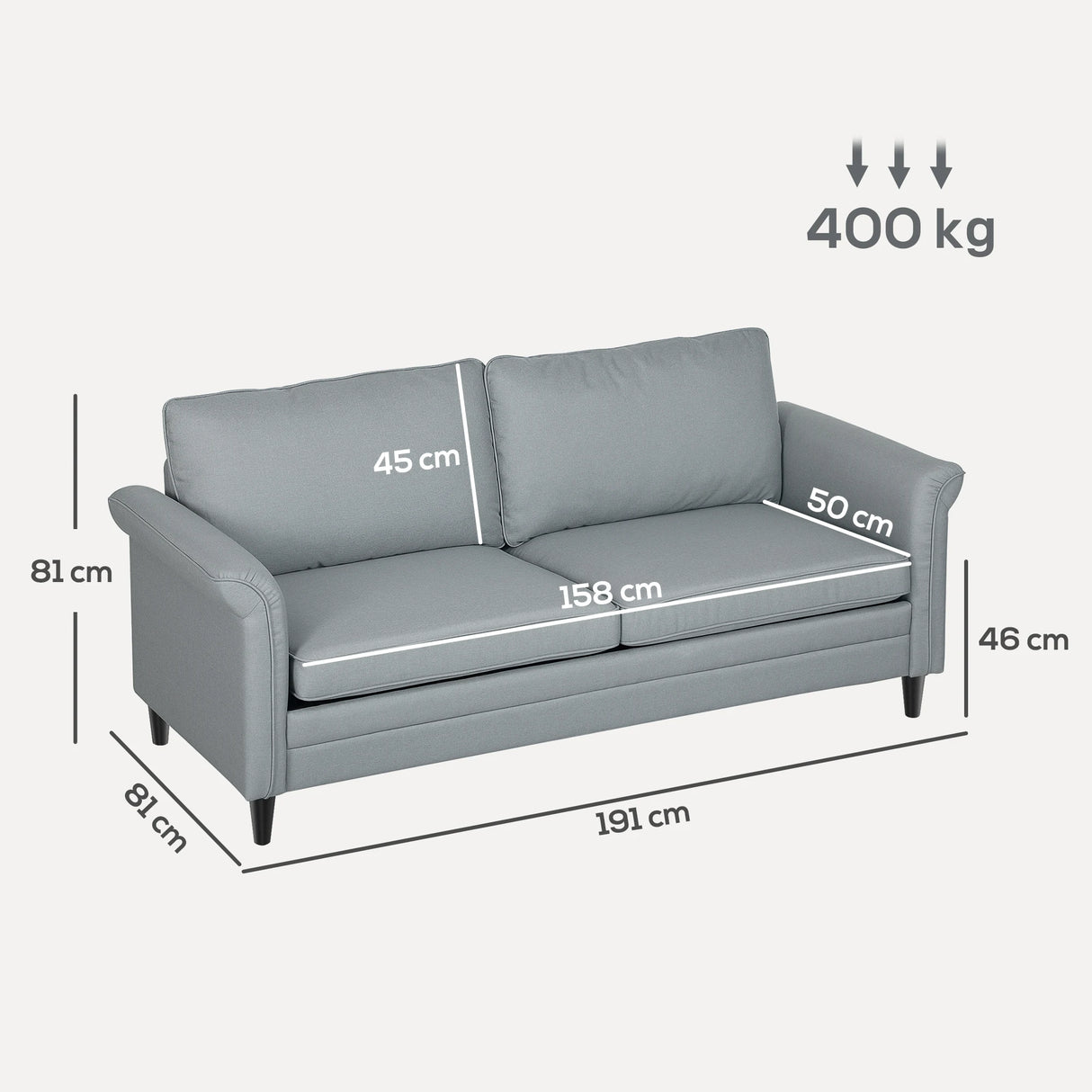 HOMCOM 3 Seater Sofa, Modern Fabric Sofa Couch with Spring Cushion, Rubber Wood Legs, 191cm Upholstered Settee for Living Room, Bedroom, Home Office, Guest Room, Grey