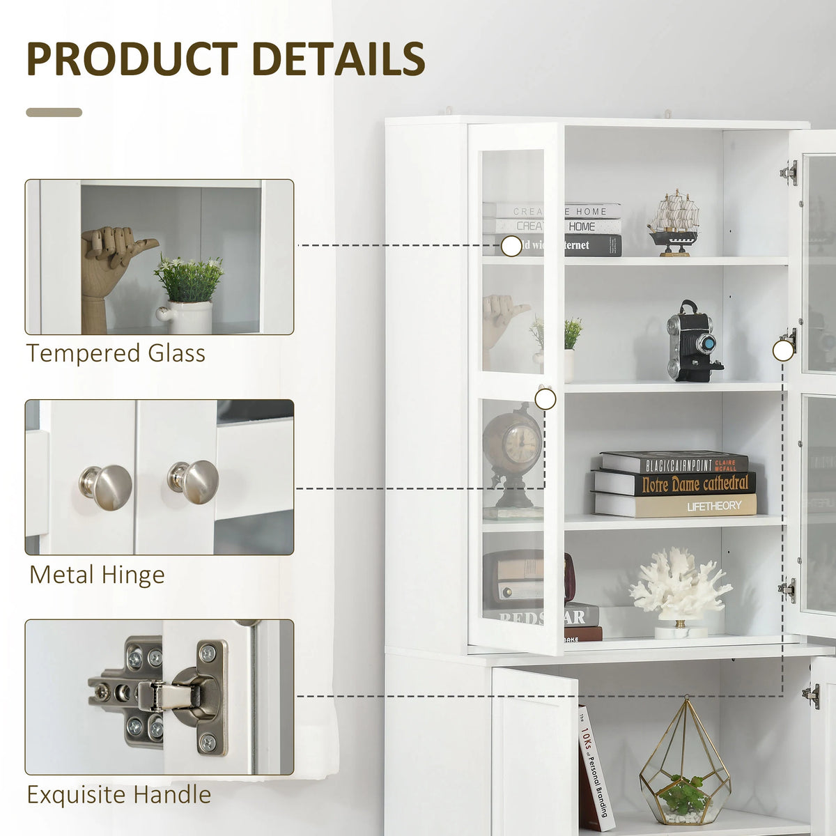 HOMCOM Modern Bookcase with Glass Doors, Display Storage Cabinet with Adjustable Shelves for Living Room, Study, Home Office, Kitchen Cupboard with Small Open Counter, White