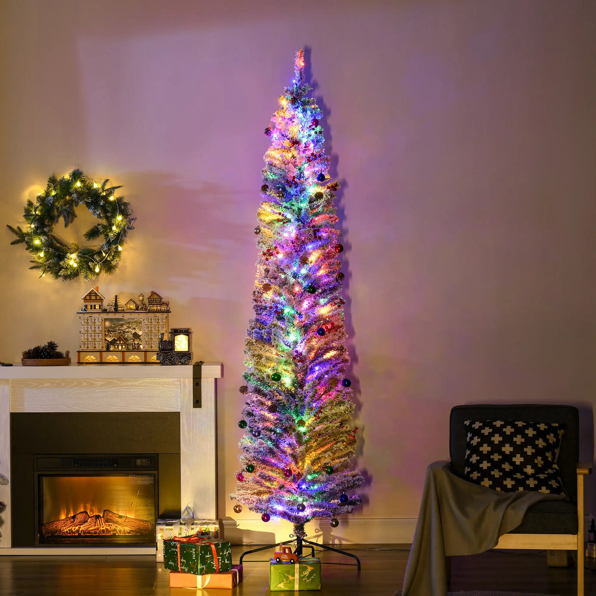 HOMCOM 7.5' Artificial Prelit Christmas Trees Holiday Dcor with Colourful LED Lights, Flocked Tips, Berry, Pine Cone