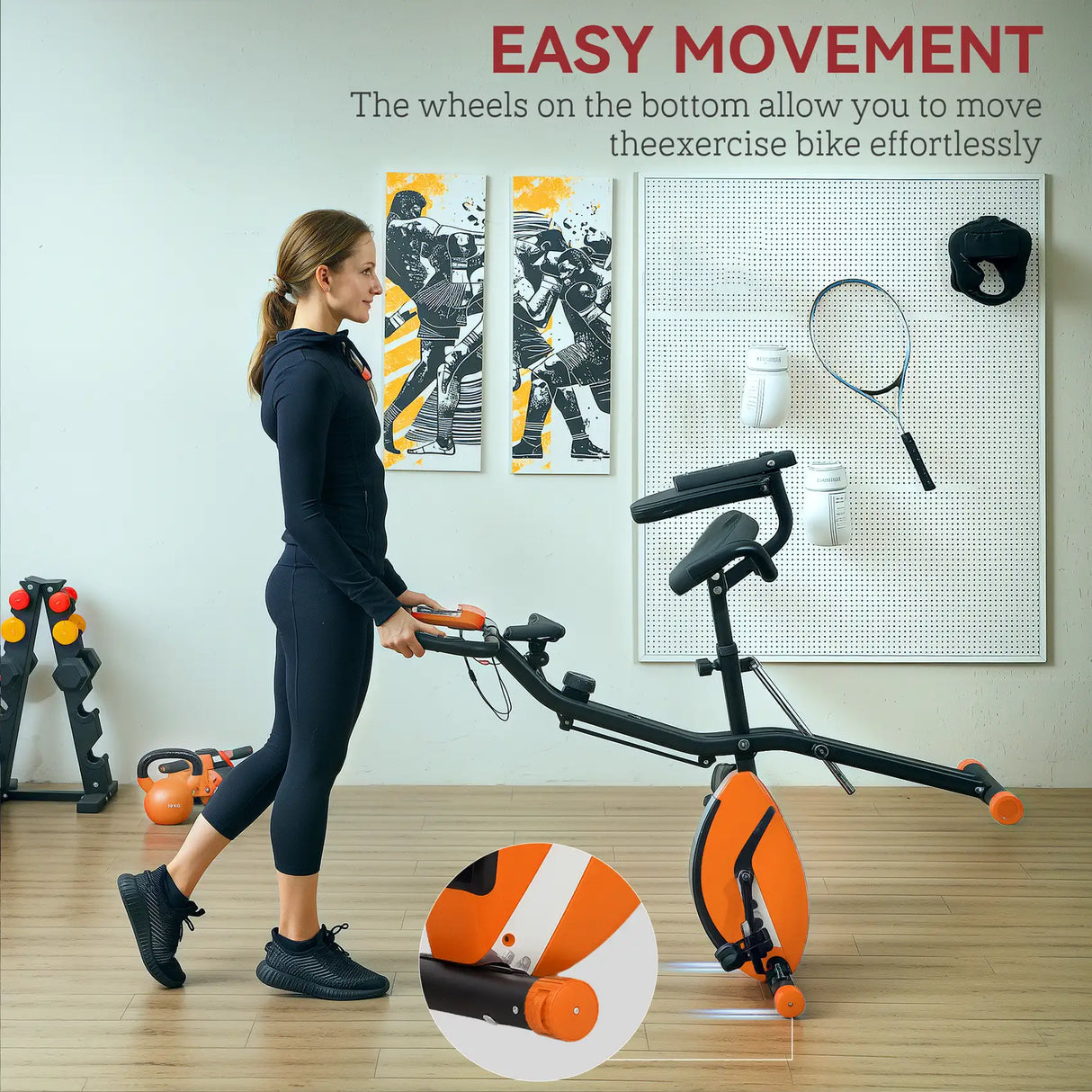 SPORTNOW Five-in-one Foldable Exercise Bike, Stationary Bike with Arm Workout Bands, LDC Monitor, Phone Holder, Orange