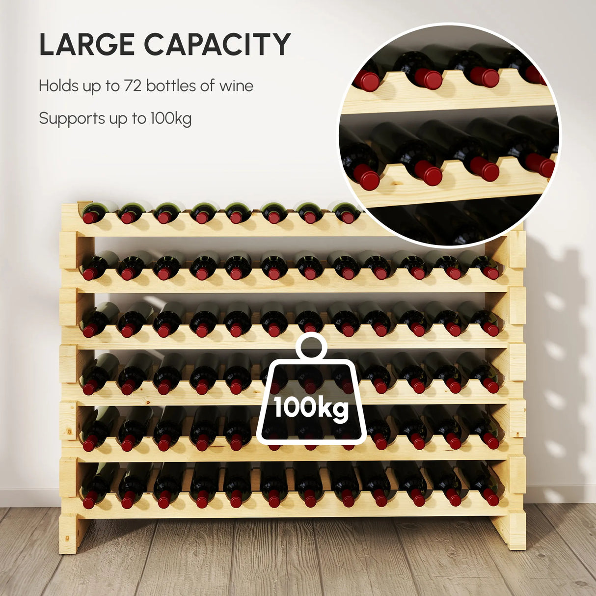 HOMCOM Six-Tier, 72 Bottle Wooden Wine Rack - Natural