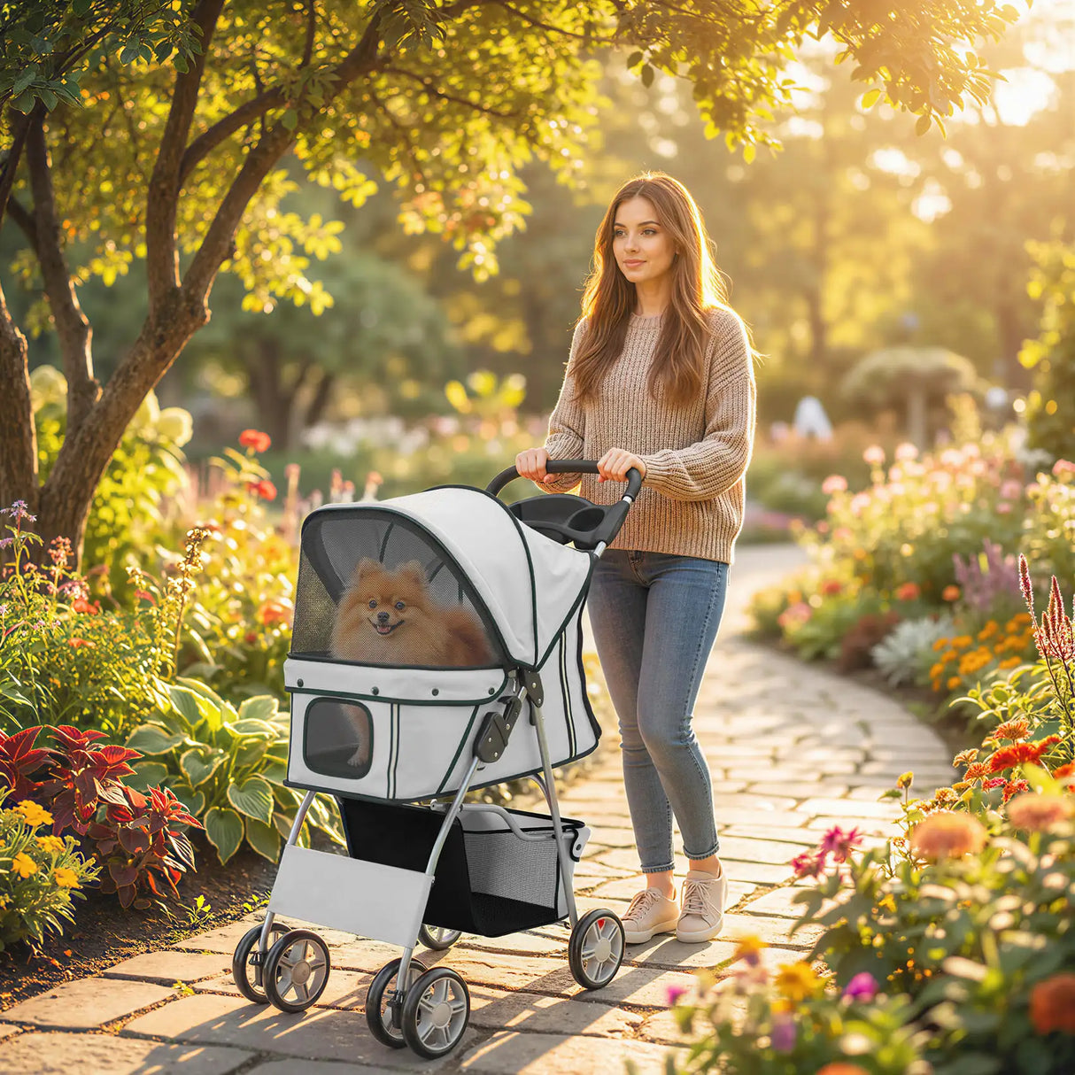PawHut Dog Pram, Pet Stroller with Reflective Strips, Foldable Cat Stroller with 360 Swivel Wheels, Grey