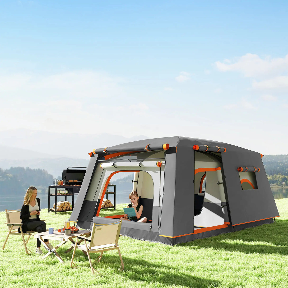 Outsunny 4-6 Man Camping Tent, Double Layer Tunnel Tent with Porch, Living Area and 2 Bedrooms, Sewn in Groundsheet, 3000mm Waterproof and UPF 30+, Portable with Bag, Grey