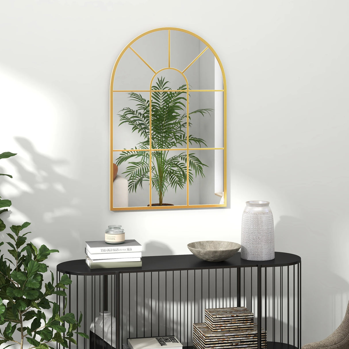 HOMCOM 90 X 61cm Arched Grid Mirror - Gold Tone