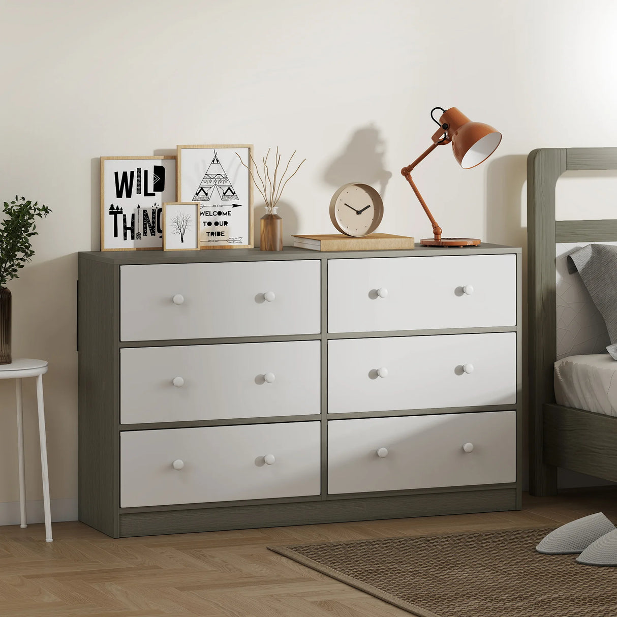 HOMCOM Chest of Drawers, Dresser with 6 Fabric Drawers - White and Grey