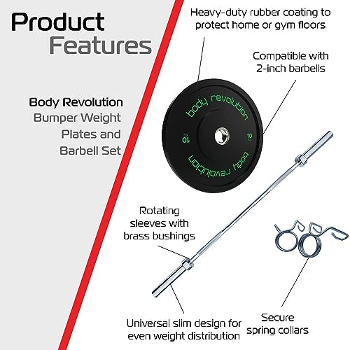 Olympic Barbell with 250KG Capacity & Rotating Sleeves Includes Rubber-Coated Weight Plates 100kg Weight Set (5kg + 10kg + 15kg + 20kg Pairs)