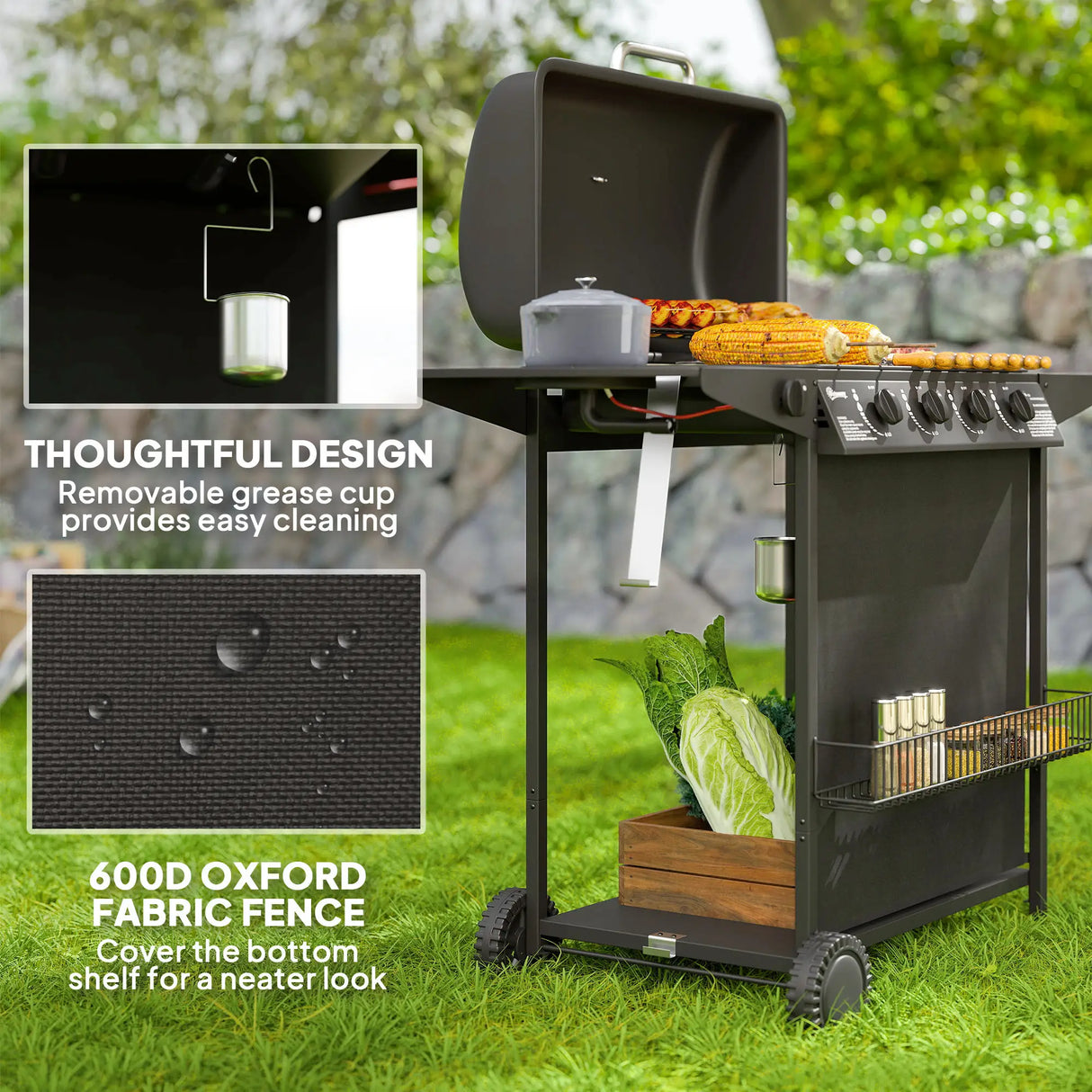 Outsunny 4+1 Burner Gas BBQ Grill, Portable Gas Barbecue Grill with Built-in Thermometer, Lid, Side Table, Shelf, Spice Rack, Wheels, Grease Cup for Garden Party Outdoor Cooking, Black