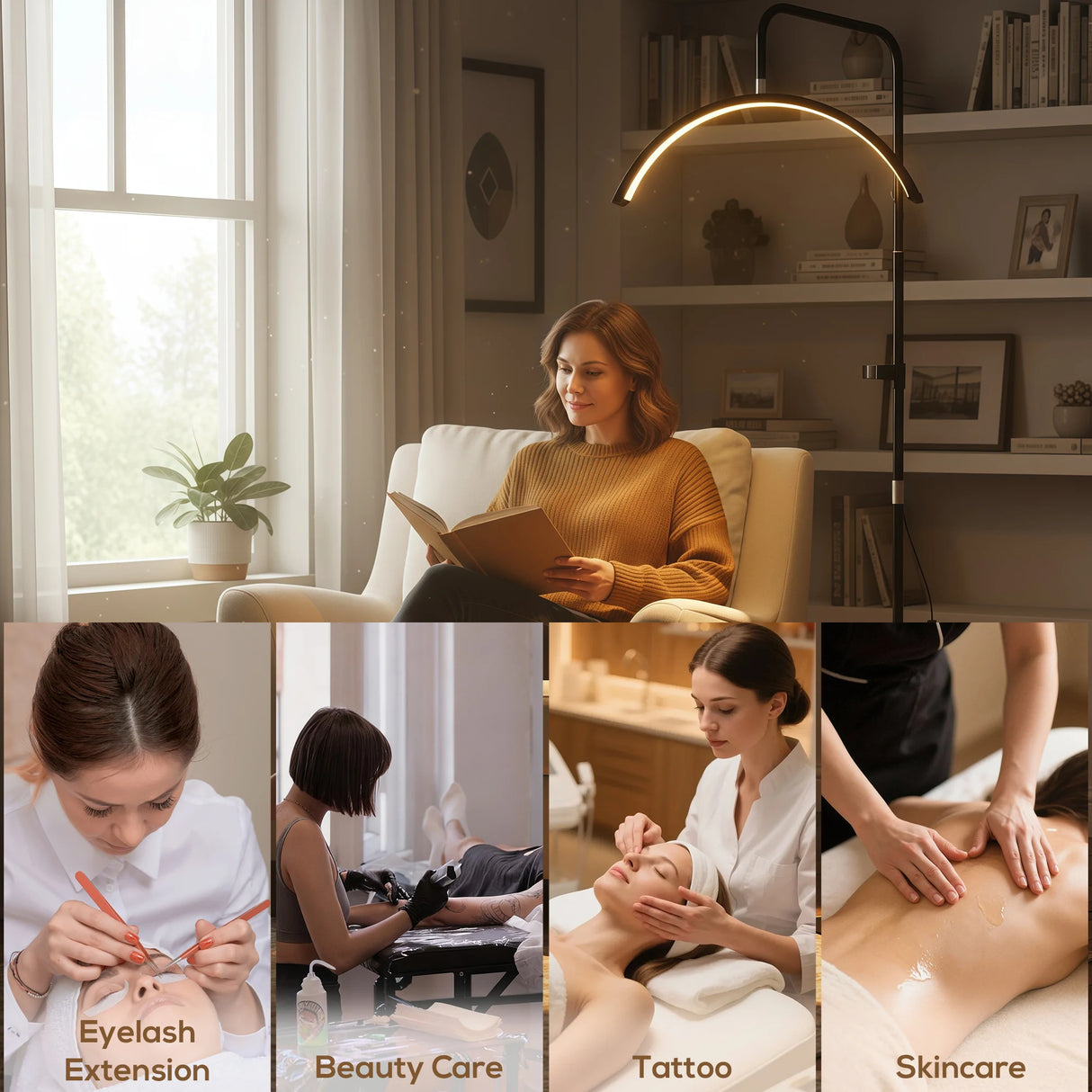 HOMCOM Half Moon Lash Light, Beauty Floor Lamp with 350 Rotatable Head, 7 Colour Temperature and Phone Holder, Dimmable Standing Lamp for Eyelash Extension, Tattoo, Nails, Skincare, Black