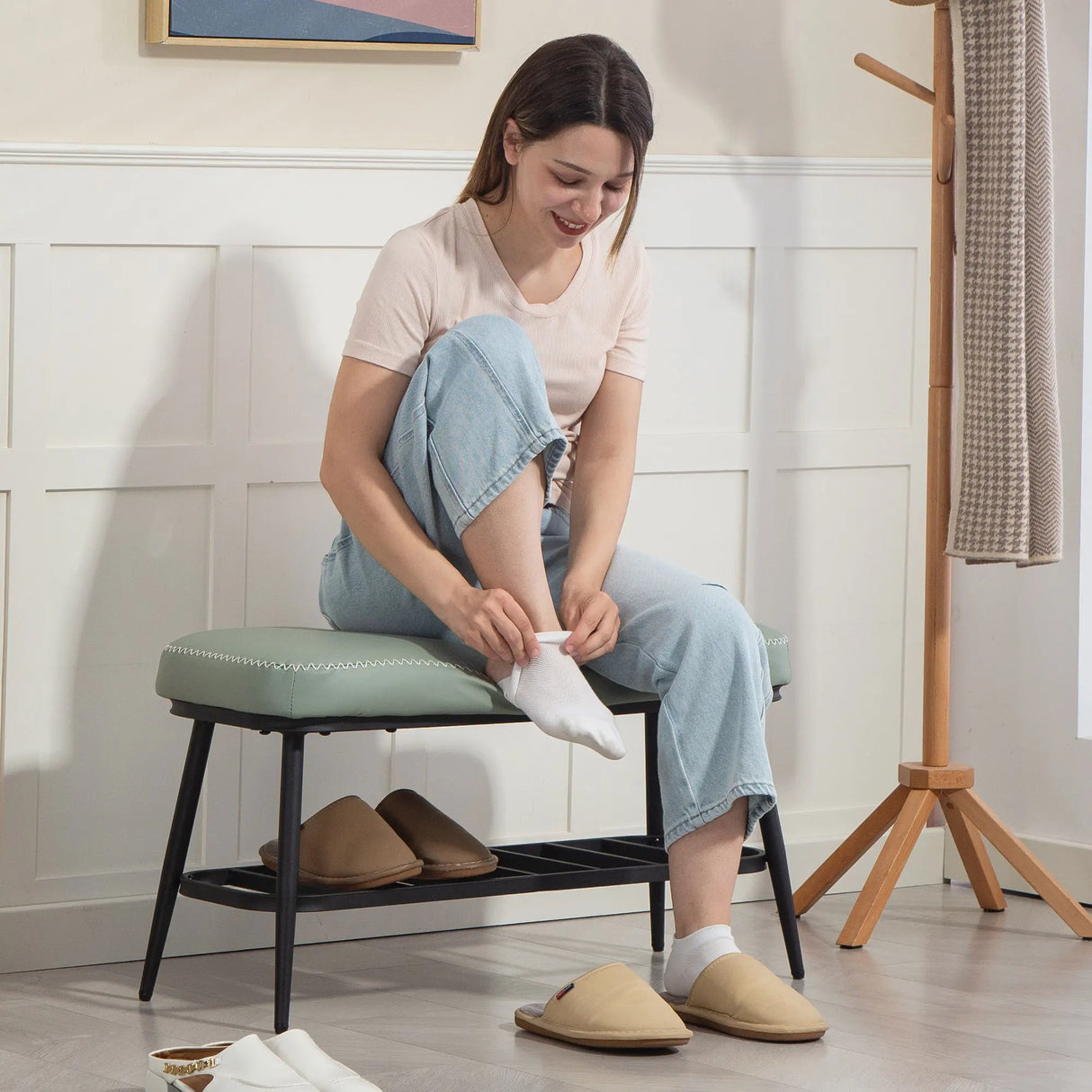 HOMCOM PU Leather Shoe Storage Bench - Green