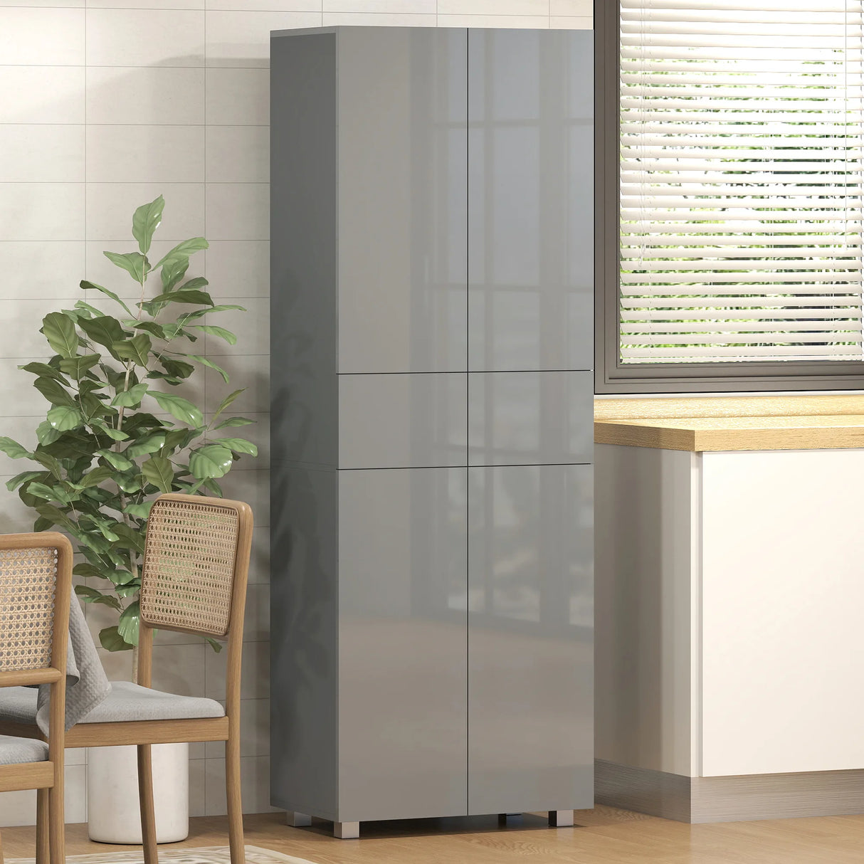HOMCOM Storage Cabinet, Kitchen Cupboard with 3 Adjustable Shelves, 60L x 35W x 170H cm, High Gloss Grey