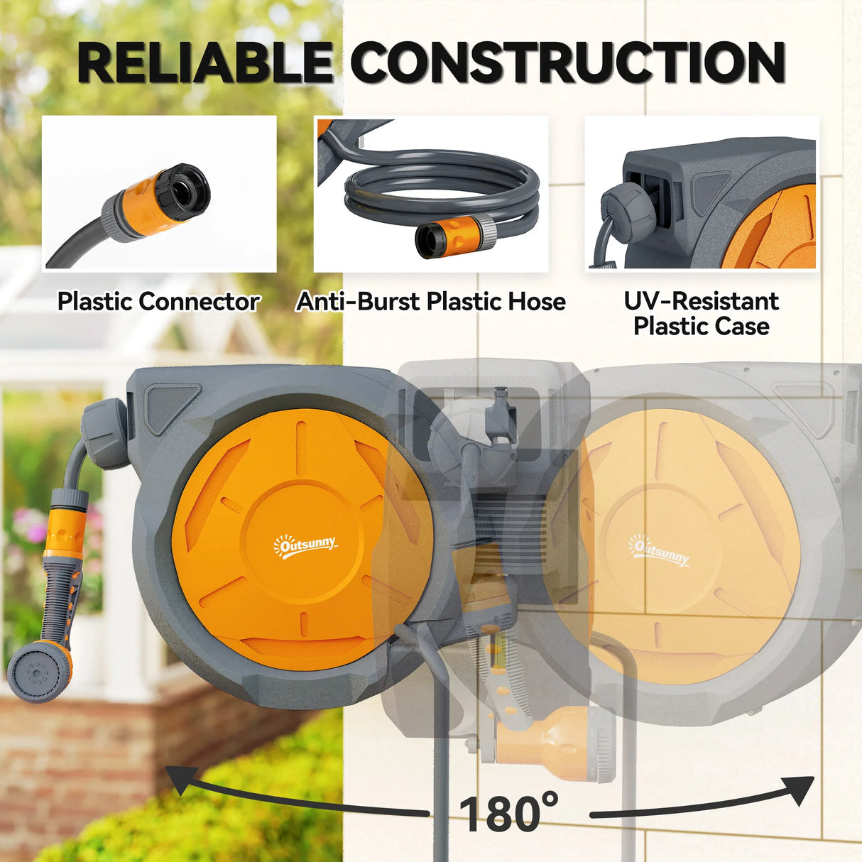 Outsunny Retractable Hose Reel Wall Mounted, 30+2m Garden Hose Pipe Reel with Lock, Auto Rewind, 7 in 1 Spray Nozzle, Includes Wall Fixings, 180 Swivel, Outdoor Watering, Orange