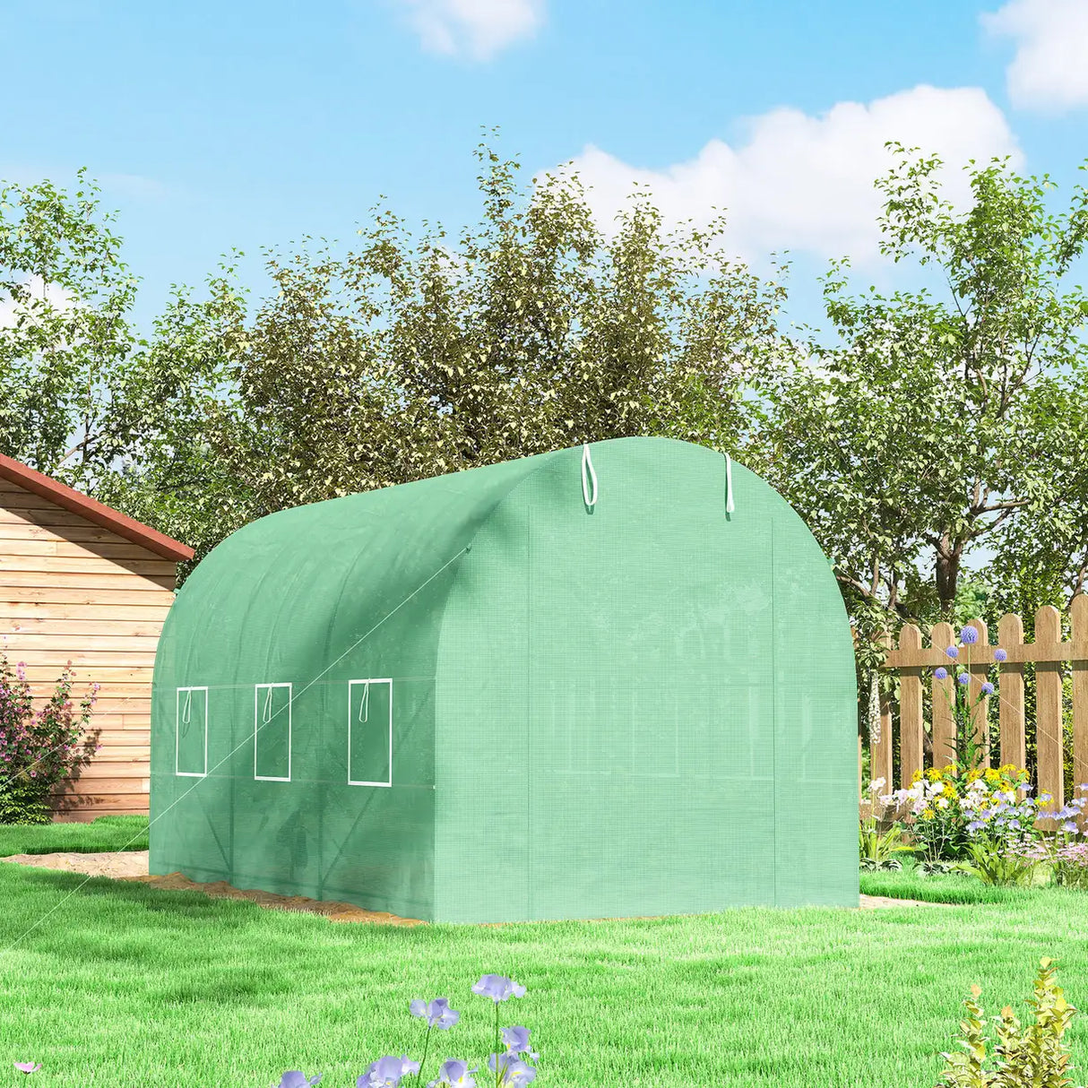 Outsunny 3.5 x 2m Walk-In Polytunnel Greenhouse, with Steel Frame, PE Cover, Roll-Up Door and 6 Windows, Green