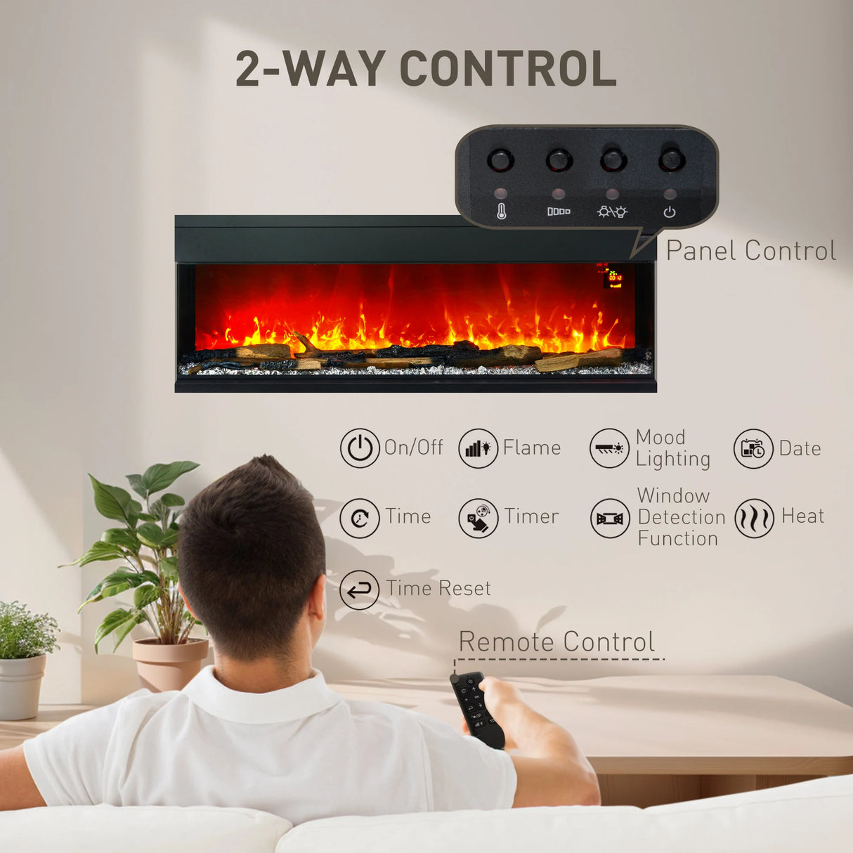 HOMCOM 1800W 15-40 Adjustable Flame Glass Panel Convector Heater, 152cm