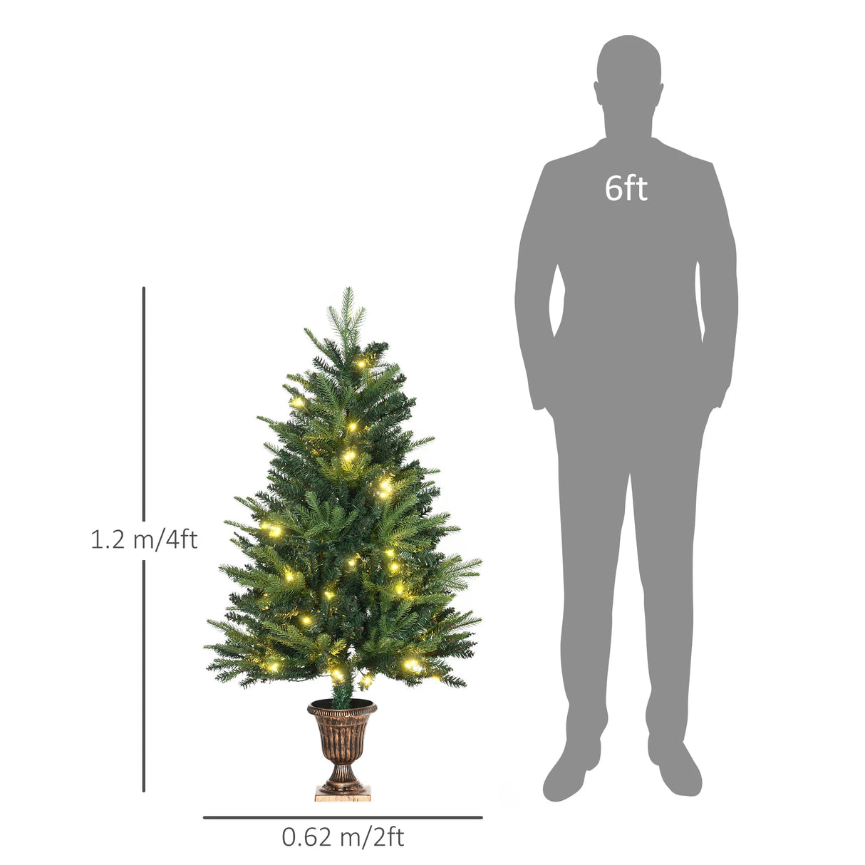 HOMCOM 1.2m 4ft Christmas Tree Entrance Dcor 750 Tips Xmas Pre-lit Tree 80 LED with Vase Base
